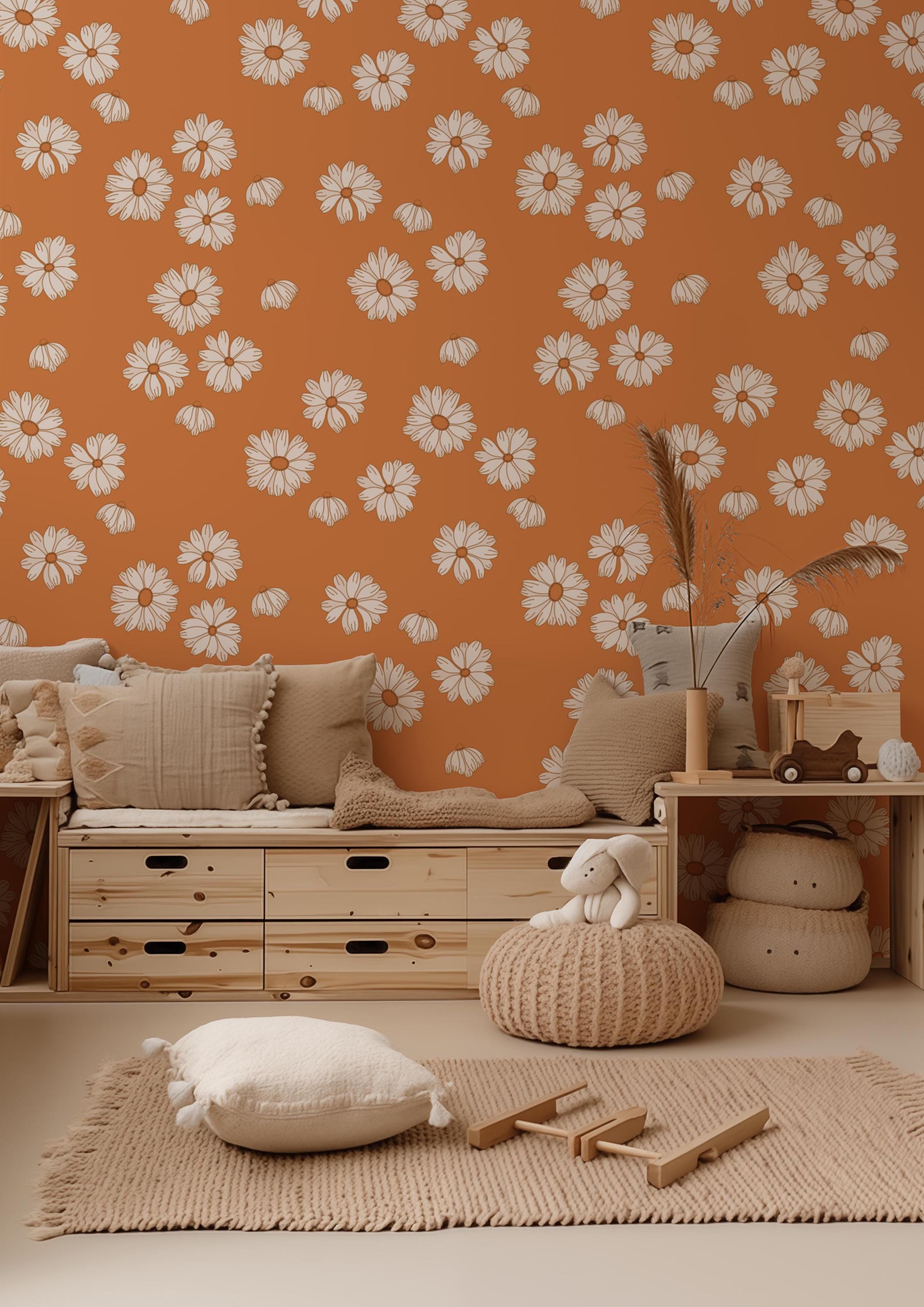 Retro Floral Peel and Stick Wallpaper: Apricot Daisy Mural | Delivered ...