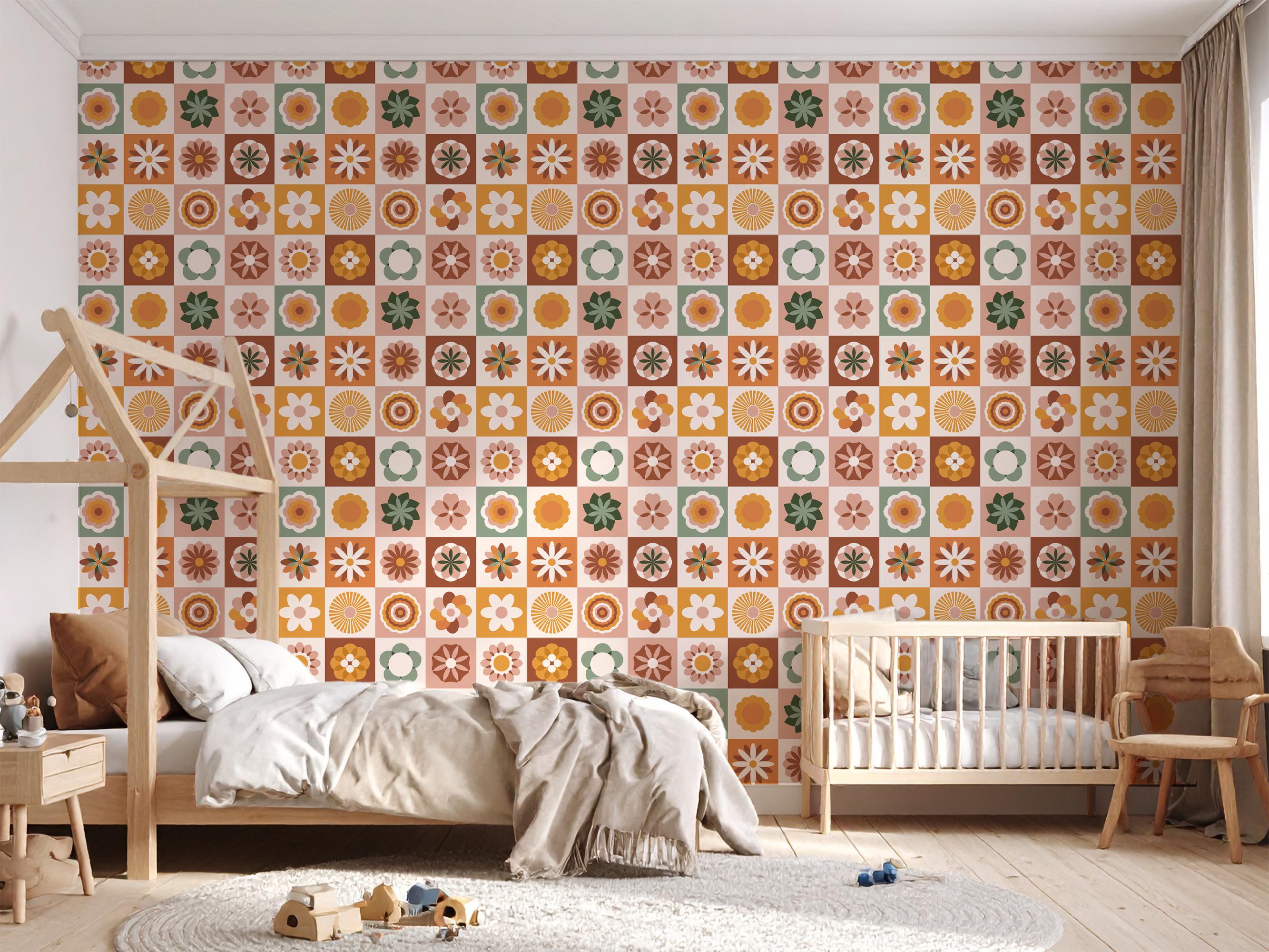 Retro Floral Peel and Stick Wallpaper: 70s Floral Wall Mural, Colorful ...