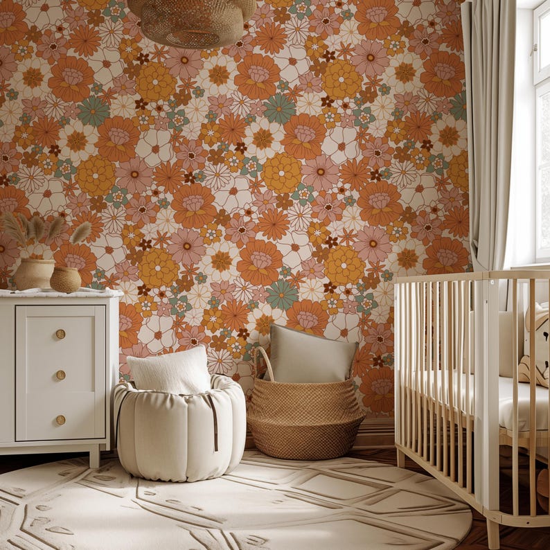Retro Floral Peel and Stick Wallpaper: Terra Murals, Modern Home Decor ...