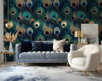 May include: A stylish living room with a blue velvet sofa, white armchair, and patterned rug. The feature wall showcases peacock feather wallpaper in blue, teal, and gold. Additional decor includes cushions, a side table, and a gold lamp, creating a luxurious feel.