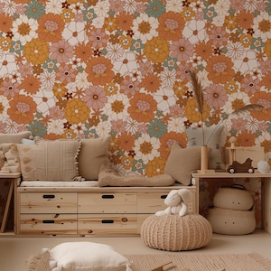 Carta da parati autoadesiva con fiori retrò, motivo floreale, motivo moderno, decorazione da parete per la casa