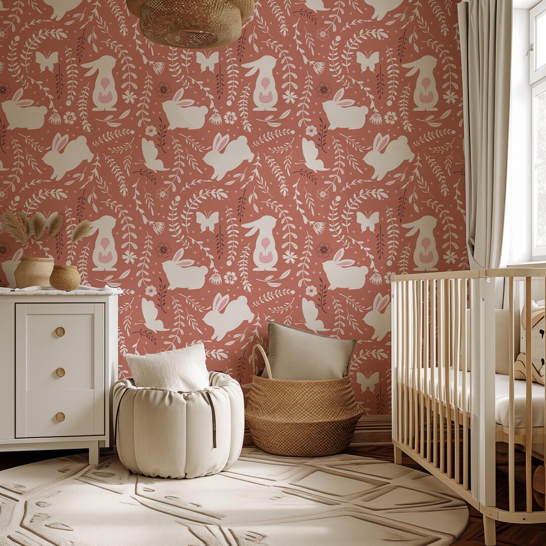 Terracotta Bunny Wallpaper | Boho Rabbit Nursery Wall Mural | Neutral ...