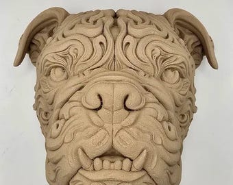 Ornate Bulldog 3D Printed Wood Wall Art - Filigree Dog Head Sculpture
