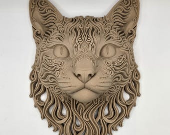 Calado Cat 3D Printed Wood PLA Wall Art Sculpture