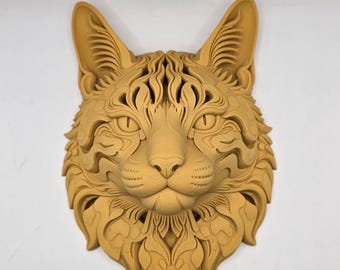 Intricate Cat 3D Printed Wall Art - Wood Pla