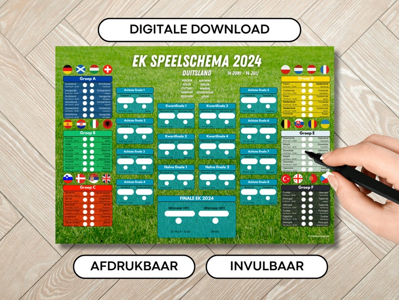 Speelschema EK Voetbal 2024 Duitsland Invulbaar Wedstrijdschema voor Voetballiefhebbers Nederlands Afdrukbaar Digitale Download PDF A4 afbeelding 1