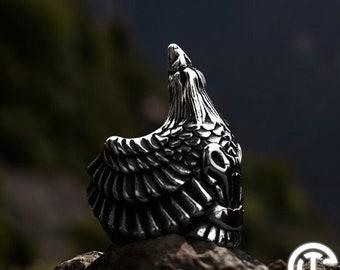 Bague corbeau viking, bague en acier argenté corbeau volant, bague viking de la mythologie nordique, bague Hugin et Munin corbeaux d'Odin, bijoux viking, celtique