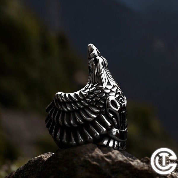 Viking Raven Ring, Flying Raven Silver Steel Ring, Norse Mythology Viking Ring, Odin's Ravens Hugin and Munin Ring, Viking Jewellery, Celtic