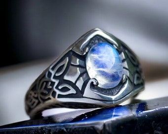 Anillo de plata vikingo de piedra lunar, joyería vikinga, joyería de piedra lunar, anillo de piedra lunar, anillo gótico, anillo de compromiso de nudo celta, anillo élfico