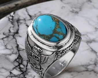 Anillo turquesa natural, anillo de plata, anillo de dos tonos, anillo turquesa, joyería turquesa, anillo vintage, anillo boho de piedra preciosa, gema, anillo de águila