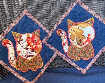 Orange Floral Patchwork Kitty Cat  Pot Holder Set