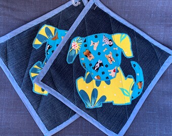 Blue and Yellow Patchwork  Dog  Pot Holder Set