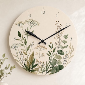 Botanical Wildflower Illustration Acrylic Wall Clock | Neutral Farmhouse Decor