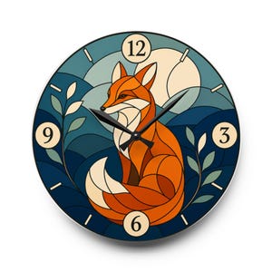 Gebrandschilderd glas vos acryl wandklok | Dierendecoratie bos maan