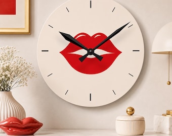 Red Lip Kiss Acrylic Wall Clock | Minimal Pop Art Home Decor