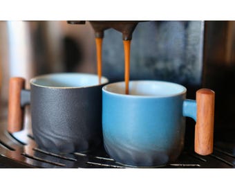 Handmade Japanese Ceramic Espresso Cup | Rustic Pottery Mug with Wooden Handle | Artisan Coffee Cup