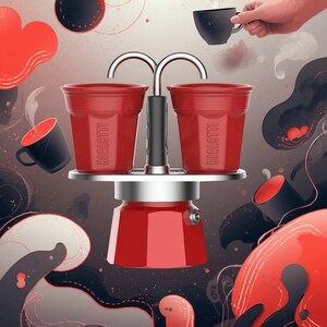 Może przedstawiać: Czerwony ekspres do kawy Bialetti z dwiema czerwonymi filiżankami, srebrną podstawą i czarnym uchwytem. Obraz ma stylizowany design z czerwonymi i czarnymi akcentami, w tym filiżankami do kawy i abstrakcyjnymi kształtami. Na filiżankach wydrukowano słowo "Bialetti".