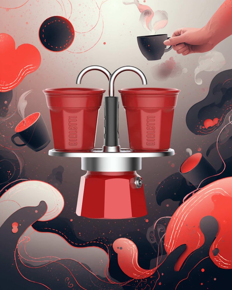 Może przedstawiać: Czerwony ekspres do kawy Bialetti z dwiema czerwonymi filiżankami, srebrną podstawą i czarnym uchwytem. Obraz ma stylizowany design z czerwonymi i czarnymi akcentami, w tym filiżankami do kawy i abstrakcyjnymi kształtami. Na filiżankach wydrukowano słowo "Bialetti".