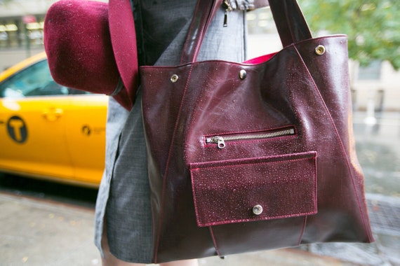 Burgundy Vegan Leather Tote / Laptop Tote Bag / Washable 