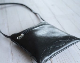 Petit sac à bandoulière noir en cuir végétalien, sac à main noir imperméable, petit sac lavable en machine