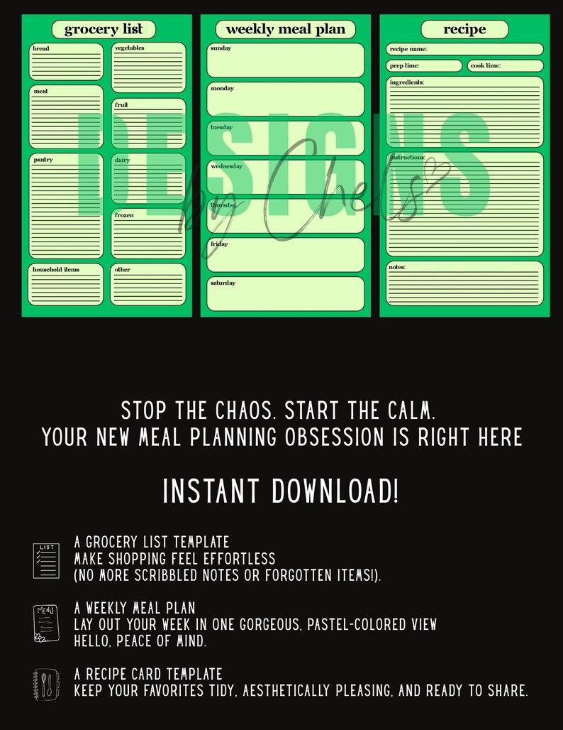Kitchen Organization Printable Set | Grocery List, Weekly Meal Plan ...