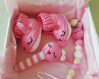 Set of pacifier holder booties rattle crochet/ Gift for a newborn / Birthday gift