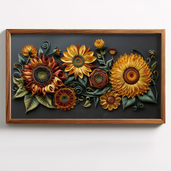 Sunflowers. Paper Quill 3D look. Original frame-style art mode TV Art. Unique Interior Design Piece. High-Quality 300 DPI  3840x2160 Pixel