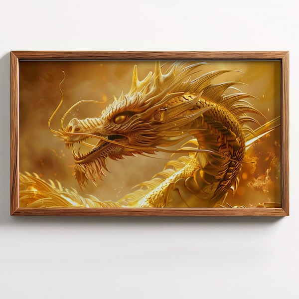 Dragon d'or. Fantaisie. Cadre original de style artistique TV Art. Pièce de design d'intérieur unique. Haute qualité 300 DPI 3840 x 2160 pixels