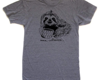 Sloth Coffee Lover T-Shirt, Hand-Drawn Screen Print Tee