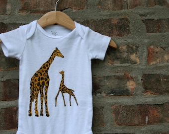 Giraffe Family Baby Onesie, Hand Screenprinted Organic Cotton