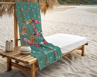 Peace sign amidst floral beach towel, Peace out beach towel, Beach towel for pacifists, Floral patterned towel, Custom name birthday gift