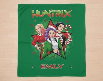Custom Xmas Huntrix Demon Hunters Blanket,Kpop Demons Hunters Christmas Blanket,,Personalized Huntrix,Demon Hunters Christmas Anime Blanket