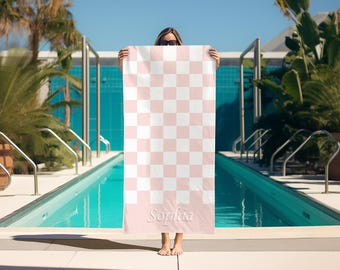 Custom Name Checkered Beach Towel-Personalized Beach Towel-Custom Gift Towel-Custom Name Beach Towel-Checkered Beach Towel-Name Beach Towel