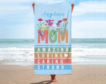 Personalized Gift For Mother’s, New Mom Mother Gift, Mother Birthday, Floral Summer Towel for Mother's Day, Custom Mom Beach Towel with Name
