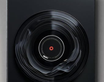 Puede incluir: Una obra de arte enmarcada en negro con un disco de vinilo con un diseño único en capas. El centro del disco tiene un punto rojo y la palabra "MONO". La obra es una versión moderna de los recuerdos musicales.