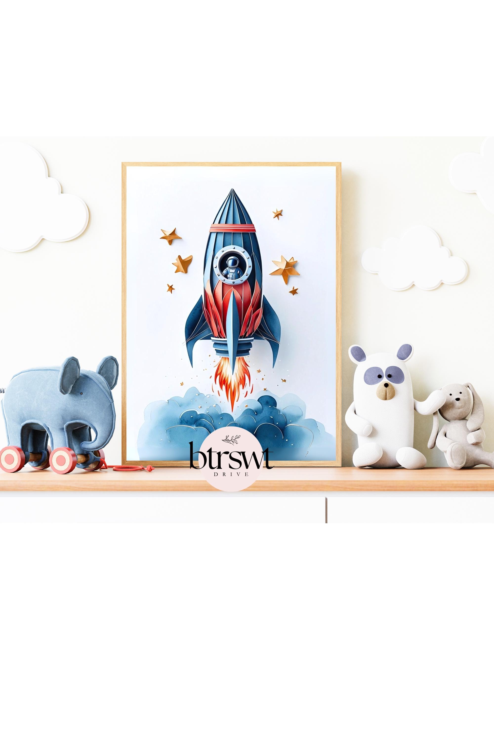 Rocket Ship Poster Nursery Wall Art Kids Room Decor Outer Space Theme ...