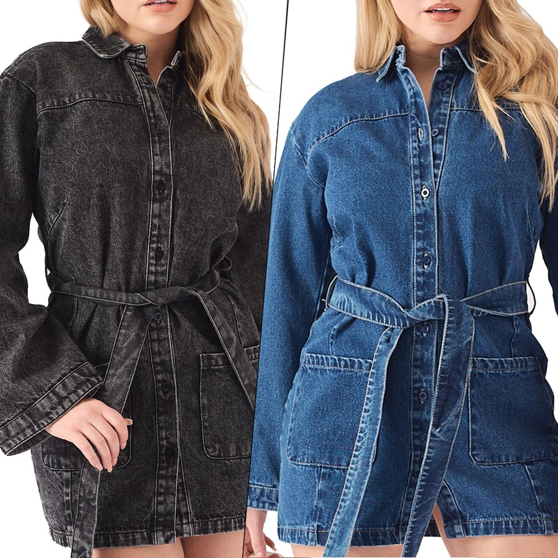 Black Acid Wash Denim V-Neck Tie Back Tiered Dress main image 1