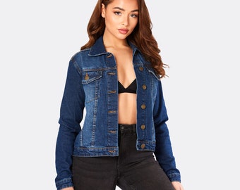 Women Streetwear Denim Jacket Dark Blue | Trucker Jacket Women | Denim Jacket | Long Sleeve Jacket