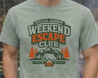T-shirt Week-end Escape Club, chemise de camping Comfort Colors®, cadeau pour les campeurs d'aventures en plein air