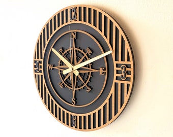 Minimalist silent wooden compass wall clock with numbers 19 16 12 inch