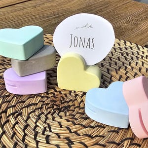 Portafotos / portatarjetas / portatarjetas en forma de corazón en varios colores fabricados con Keraflott: rosa, morado, amarillo, azul, turquesa/verde y gris