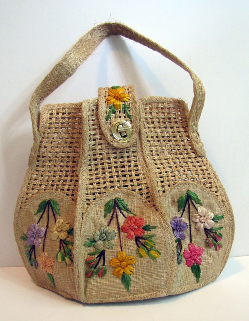Vintage Straw Purse by Bags By Whidby with Floral Etsy