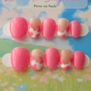 Pink Cowgirl - Press on Nails - Korean Gel Nails - Hand Painted - Cow Print - Cute Nail Design - Spring Summer Design