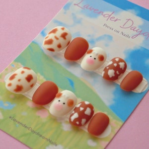 Cute Highland Cow Nails - Press on Nails - Korean Gel Nails - Hand Painted - 3D Nail Art - Cow Print - Cute Nail Design - Matte or Glossy