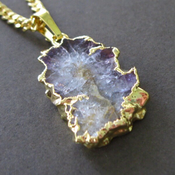 Amethyst Agate Stalactite Druzy Slice 22k Gold  Dipped Pendant