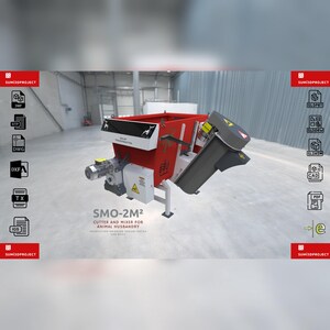 Könnte beinhalten: Ein roter und grauer industrieller Schneid- und Mischwagen für die Tierhaltung. Die Maschine ist mit "SMO-2M² Cutter and Mixer for Animal Husbandry" beschriftet.
