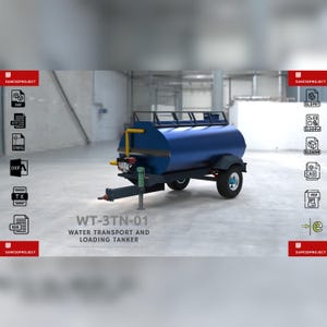 Puede incluir: Un remolque cisterna azul para transporte y carga de agua con ruedas negras y una tubería amarilla. El texto "WT-3TN-01 WATER TRANSPORT AND LOADING TANKER" se muestra en la imagen.