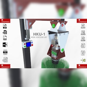Può includere: Un rendering 3D di un'unità di grattamento per animali di colore nero e rosso con una spazzola verde. L'unità è etichettata "HKU-1 ANIMAL SCRATCHING UNIT".
