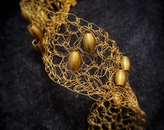 Elegantly Bold — Brass Wire Crochet Beaded Bracelet Wire Art Jewelry