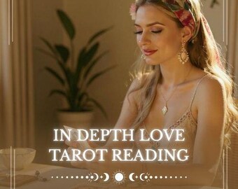 May include: Image promoting a tarot reading service. The text "IN DEPTH LOVE TAROT READING" is displayed in white. The image features a woman with long blonde hair, wearing a headband and jewelry, and holding cards. The words "SAME HOUR" and "DETAILED" are also visible.